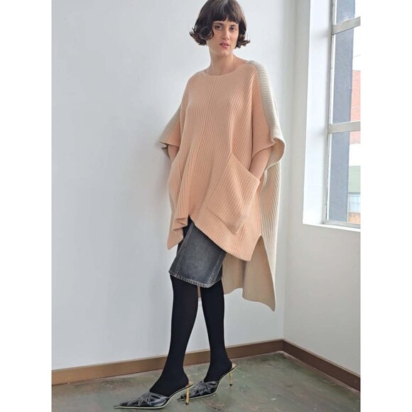 Chloe Ribbed Knit Cashmere Poncho Pink/Beige, size XS/S (fits up to XXL) - Picture 4 of 12